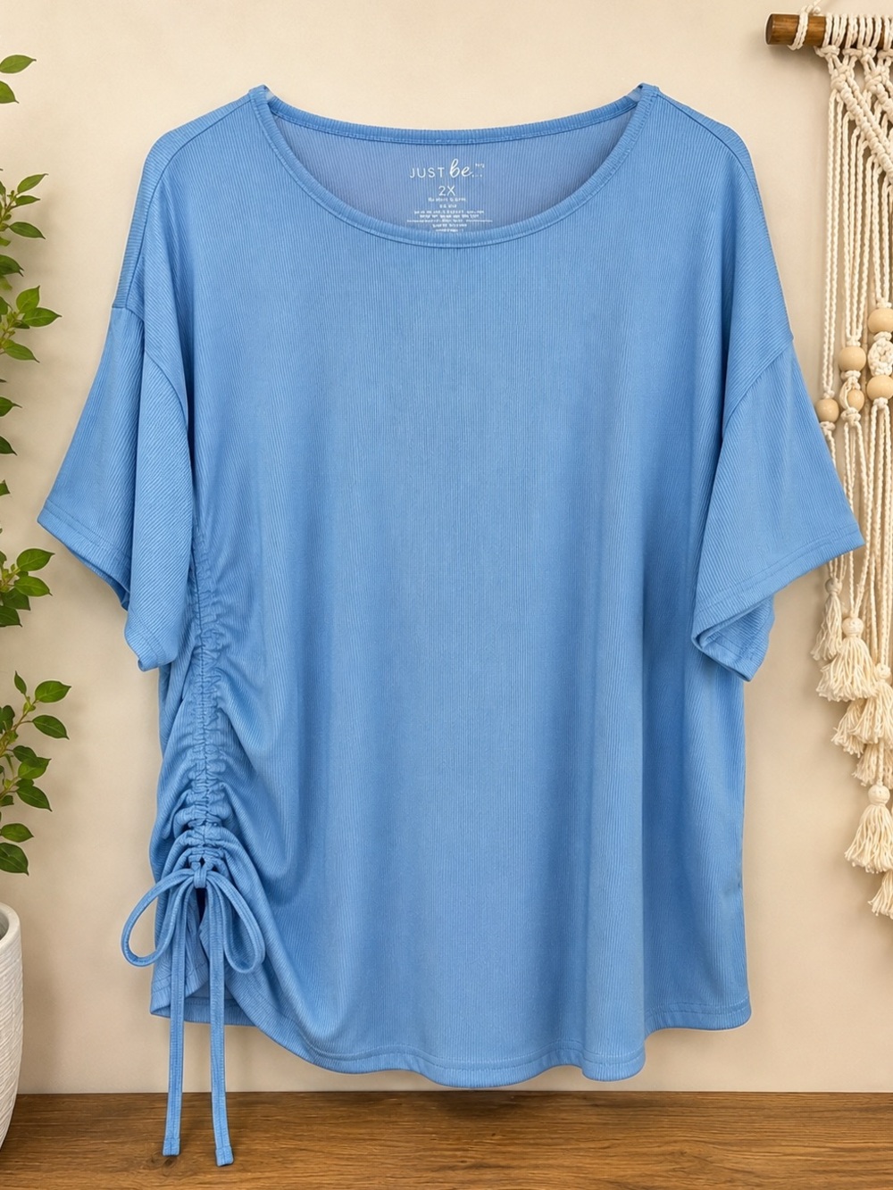 Just Be Blue Ribbed Ruched Side Top Plus Size 2X